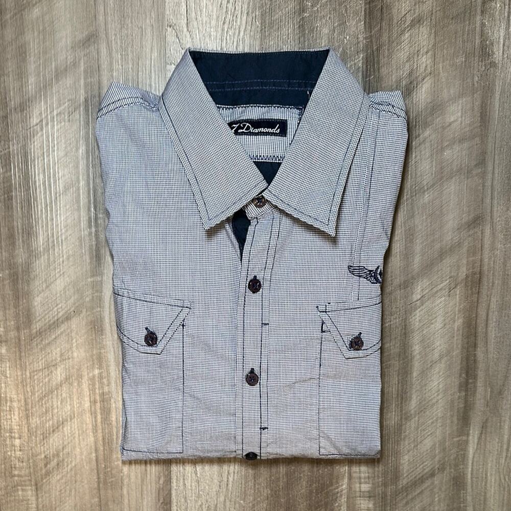7 Diamonds Winged Horseshoe Micro Check Long Sleeve Button Down - XL